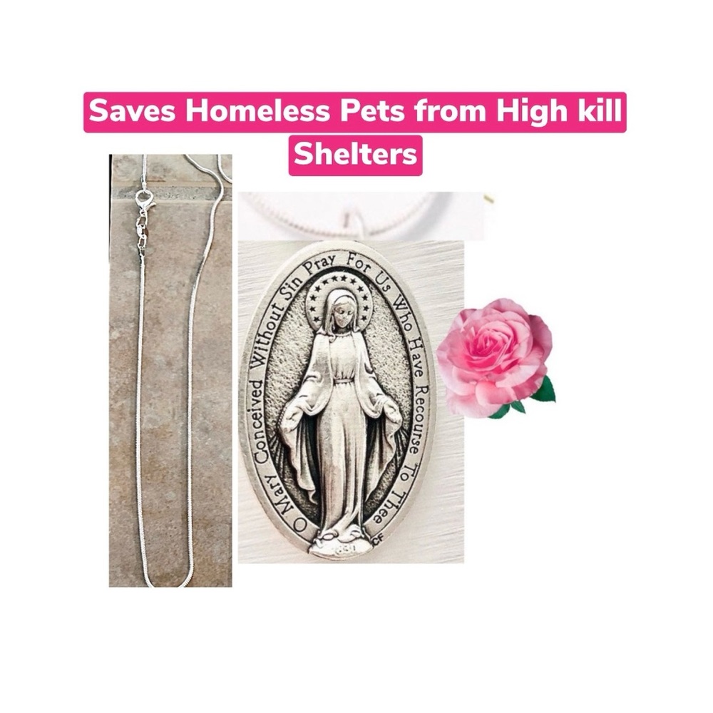 Mother Mary Necklace - Sterling silver plated chain medal FREE PRAYER CARD